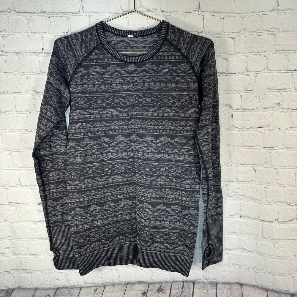 Lululemon Swiftly Tech Long Sleeve Crew Black Grey Jacquard Thumbholes Top